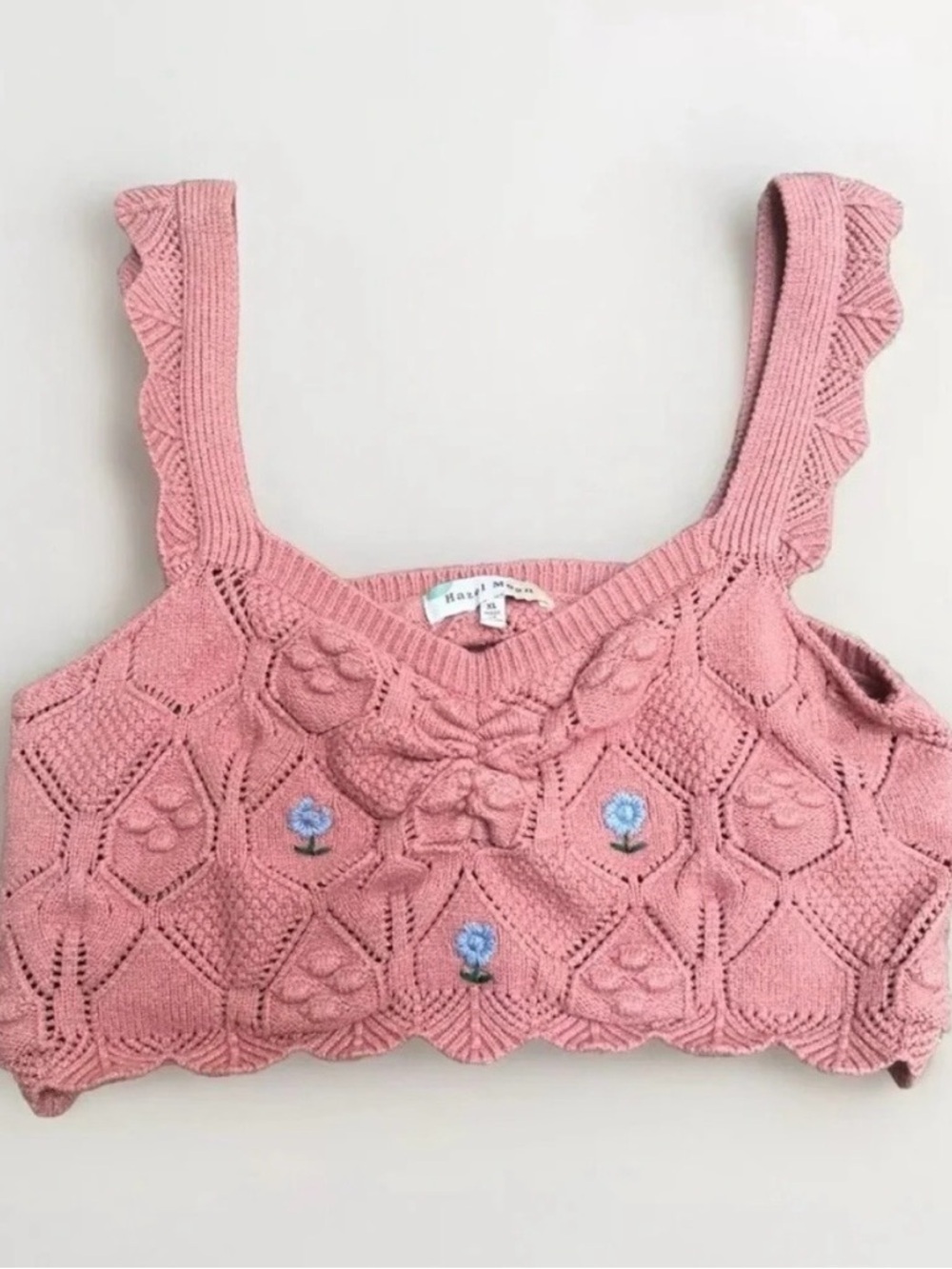 Crochet Floral Embroidered Crop Top Cottagecore Coquette Soft Pink XL Stretchy